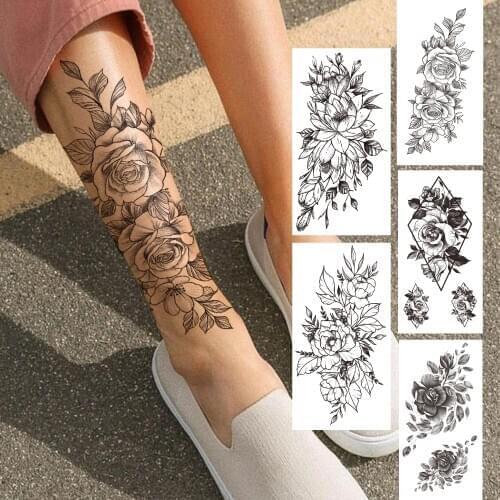 Peony Flower Temporary Tattoo For Women Girls Black Geometric Dahlia Rose Tattoos Sticker Black Blossom Glory Flora Tatoos Decor