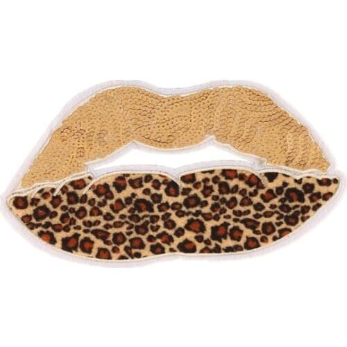 T shirt Women patch sequins fabric 226mm leopard print lips deal with it iron on patches for clothing stickers free shipping