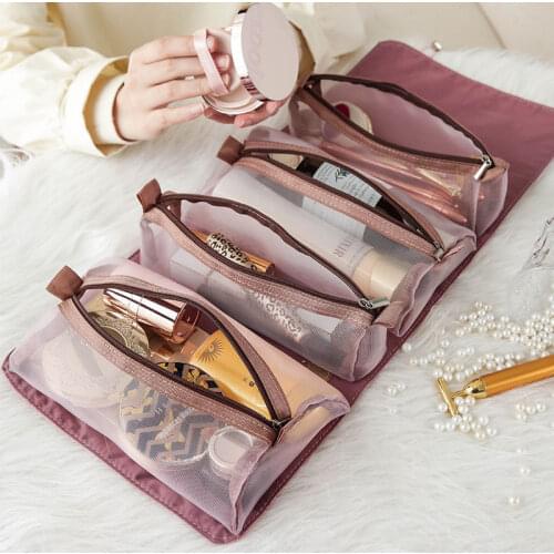 Womens Cosmetic Bag Foldable Travel Organizer Hanging Nylon Mesh Separable Toiletry Pouch Rope Storage Makeup Bag Kosmetyczka