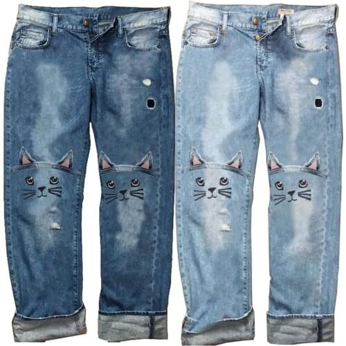 Womens Jeans Embroidered Loose Ladies Jeans Trousers Ripped Jeans for Women