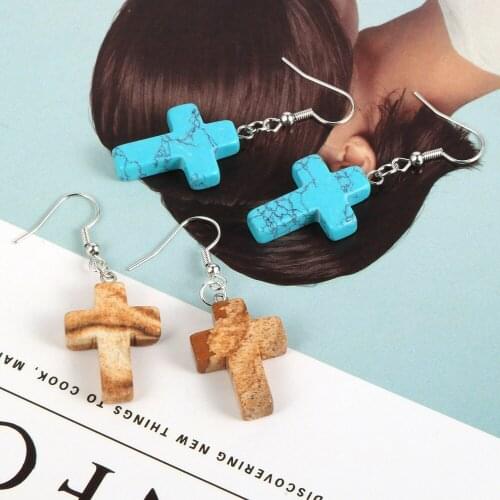 2020 NEW Fashion Men Women Cross Pendant Drop Dangle Earrings Female BOHO Natural Stone Jewelry