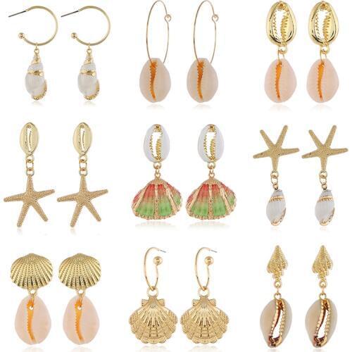 16 Styles Boho Mixed Natural Shell Golden Starfish Lucky Scallop Conch Earrings Women Beach Surfing Vacation Jewelry Accessories