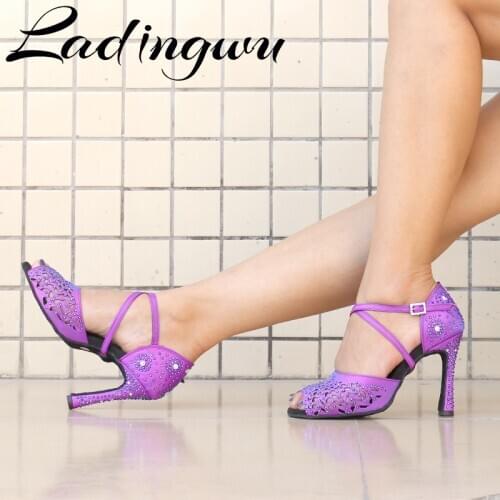 Ladingwu National Standard Dance Shoes Purple Chameleon Satin Latin Dance Shoes Salsa Womens Dance Sandals Sparkle Rhinestones
