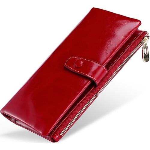 Womens Genuine leather Long Wallet Oil Female Zipper Coin Purses Ladies Handbags Vintage Rfid Luxury Brand Money Bag