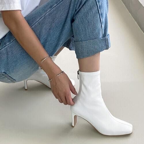 Winter 2020 Leather Boots Women Ankle Booties Square Head Fashion Shoes Female Zip Thick Heels Outdoor Shoes Ladies Size 33-42