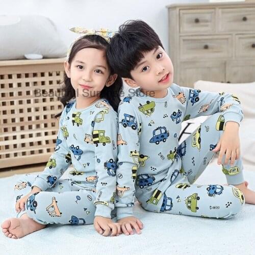 Boys Girls Sleepwear Cotton Long Children Clothes Sets Cartoon Cars Tops+Pants 2pcs Pyjamas Kids Nightwear 3 5 7 9 11Year