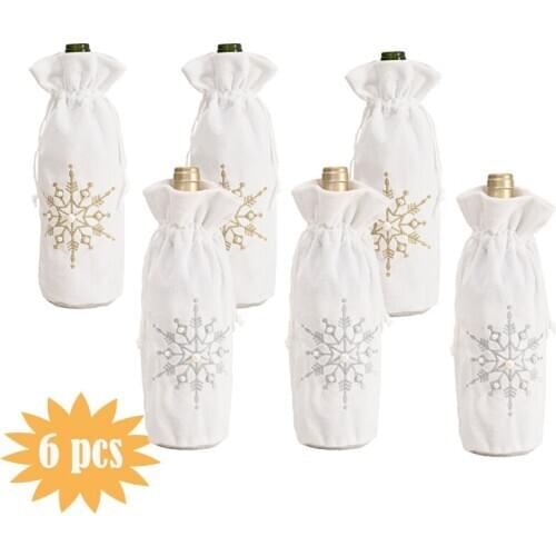 6pcs Silver and Gold Snowflake Christmas Drawstring Wine Bottle Cover Gift Bag for Home Dinner Party Decoration Xmas Table Decor
