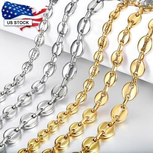 7 9 11mm Coffee Beans Link Gold Silver Color Stainless Steel Marina Chain Necklace for Men Women Jewelry Gifts 16inch LKN622