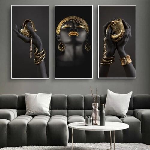 African Woman Art Painting Art Posters and Prints on The Wall Black Hands Holding Golden Jewelry Canvas Pictures Home Decoration