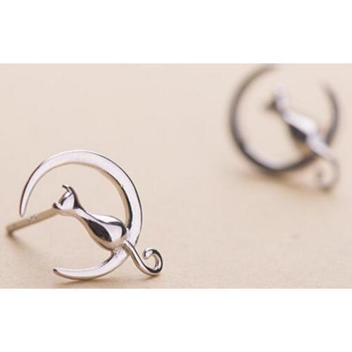ANENJERY 925 Sterling Silver Simple Animal Earrings Cut Litter Cat Moon Stud Earrings Gift S-E123
