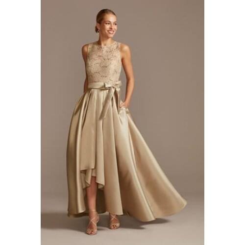 Sequined A Line Lace High Low Bowknot Sleeveless Jewel Evening Dresses Draped Zipper up 2021 New Design Fashion Champagne Gown