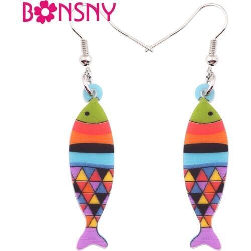 Bonsny Acrylic Lightweight Colorful Drop Dangle Long Fish Earrings New Fashion Accessories Ocean Animal Jewelry For Women Girl