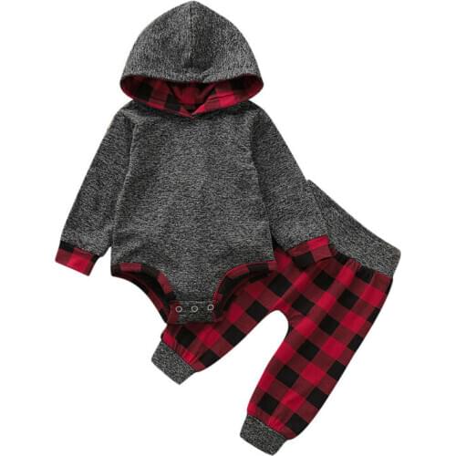 Infant Kids Baby Boys Girls Cotton Long Sleeve Hooded Romper +Plaid Pants Autumn Casual Outfits 2PCS Set