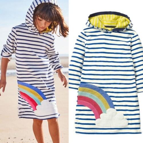 Hooded Dress for Girls Autumn Long Sleeve Stripe Rainbow Dress Kids Children Cotton Clothing