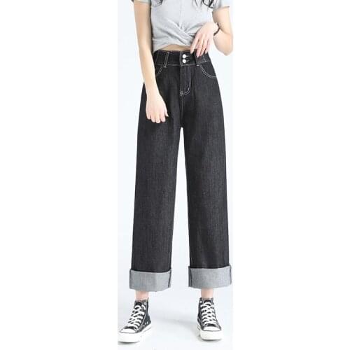 High Waist Two Buttons Jeans Women Black Solid Loose Wide Leg Pants Full Length Pockets Denim Trousers Fall Female Summer 929