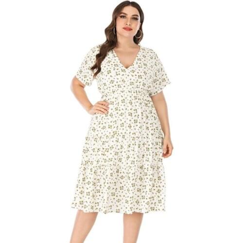 2021 Summer New 3XL 4XL Plus Size Women Dress For Elegant Party Night V-neck Short-sleeved Printed Midi Dress White Clothes
