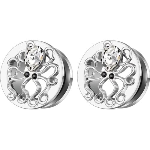 JunlowPY Surgical Steel Double Flared Screw Tunnel Rose Anodized Saddle Stretcher Ear Plugs Single Crystal Earring Piercing