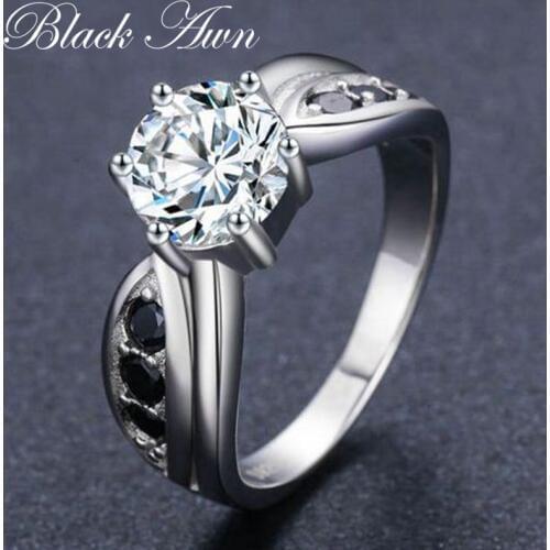 Classic 4g 925 Sterling Silver Fine Jewelry Round Bague Black Spinel Engagement Rings for Women Girl Party Gift C458