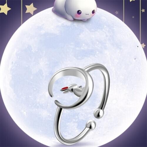 Korean Fashion Cute Romantic Rabbit On Moon Wholesale Dating Alliance Adjustable S925 Real Silver Animal Girls Ring bijouterie