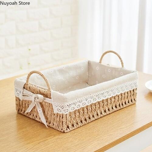 Storage Basket Straw Woven Desktop Snack Storage Basket Rattan Storage Box Fabric Dried Fruit Tray Storage Box Home Decoration