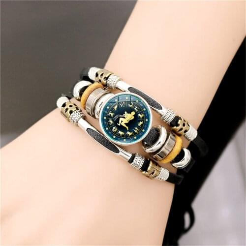 Zodiac Sign Jewelry Black Leather Bracelet 12 Constellations Taurus Virgo Gemini Multilayer Braided Bracelet for Women Couples