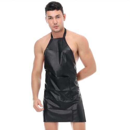 Male Leather Lingerie Open Crotch Apron Maid Cosplay Uniform for Men Plus Size Leather Catsuits Sex Gay Costume Night Clubwear