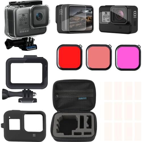 For Gopro Accessories Set for go pro hero 8 Black kit Waterproof housing case Tempered Film Red filter Frame Silicone Protector