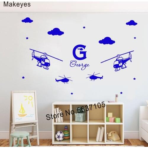 Makeyes Helicopter Custom Name Wall Sticker Boys Bedroom Art Decoration Vinyl Wall Decor Murals Personalized Name Wallpaper Q543