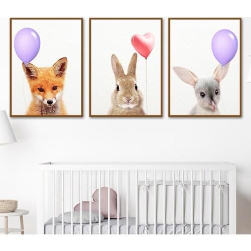 Nursery Wall Art Canvas Painting Animal Lion Fox Deer Rabbit Balloon Nordic Posters And Prints Decoration Pictures Kids Bedroom