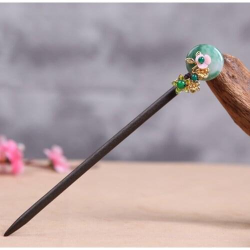 Jade Flower Hair Sticks Long Hair Chopsticks Bun Holder Wooden Hair Stick Pin