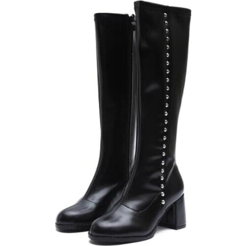 Carpaton Slim Fit Knee High Boots Rivets Studded Thick Heels Women Shoes Round Toe Leather Riding Boots Black Wine Red