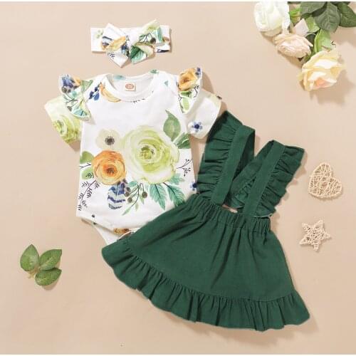 Baby girl clothes spring and summer short-sleeved suit cotton floral bag fart romper triangle top + solid color strap skirt 3pcs