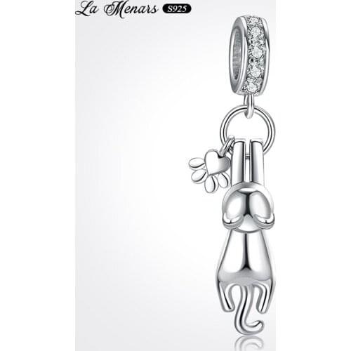 La Menars New Cat Dangle Fit Original Pandora Charm Bracelet Genuine 925 Sterling Silver For Women Jewelry DIY Making