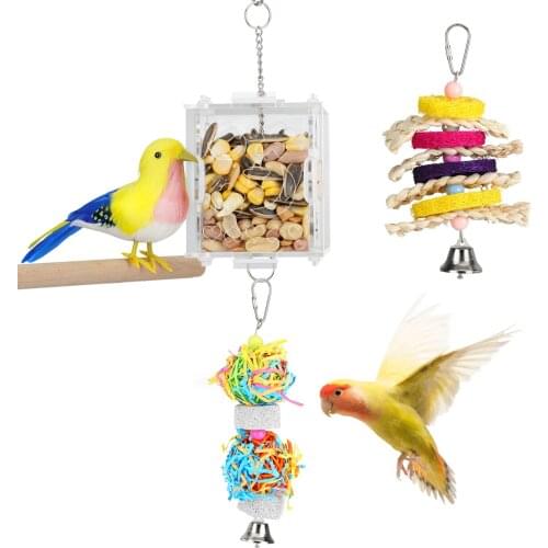 Hanging Bird Feeding Toy,Colorful Bird Foraging Toys Creative Irregular Grid Cage Parrot Feeder Toy Acrylic Box Food Holder Toys