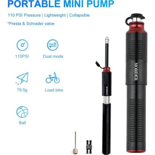 MORIDER 110Psi Aluminum Alloy Portable Mini Bicycle Hand Air Pump Ball Cycling Inflator Accessories Support AV FV Conversion