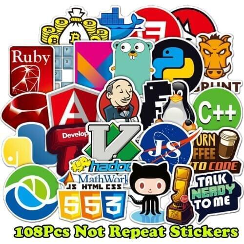 108pcs Developer, Programmer Stickers of Programming Languages & Internet Brands