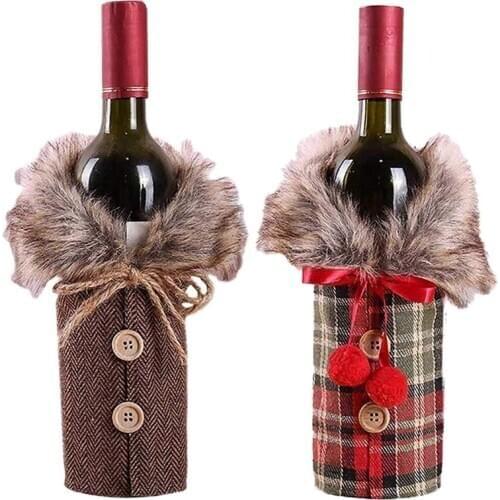 2Pcs Christmas Sweater Wine Bottle Cover, Newest Collar and Button Coat Design Wine Bottle Sweater Wine Bottle Dress Sets Xmas P