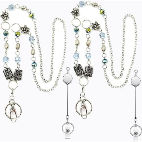 Lanyard for ID Badge Retractable Badge Reel for Women, Fashion Beaded Lanyard Chain Necklace Name Badge Holder Clip