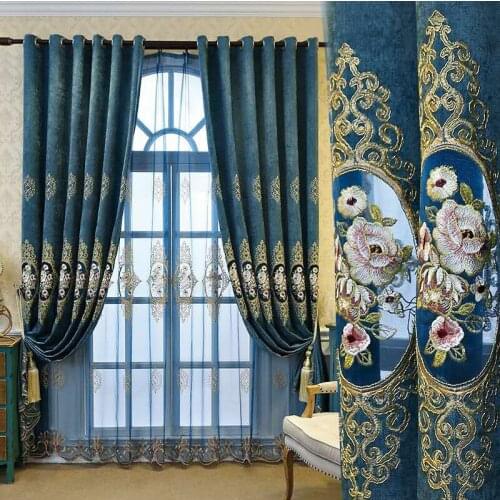 European-style Curtains for Living Dining Room Bedroom High-end Embroidered Curtains Blue Purple Coffee Color Curtains Tulle