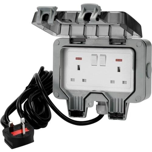 Outdoor Waterproof Socket with 3m 6m 10m Cable Two Position IP66 UK German GR Outlet Grounded Electrical Power Wall Panel Socket