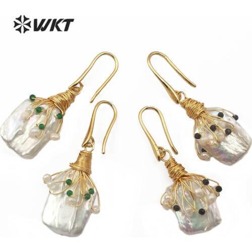 WT-E585 WKT Gold Electroplated Wire Wrapped Natural Pearl Earrings Pearl With Color Beads Earrings Fashion Jewelry For Women
