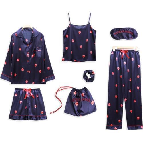 Women Pajamas 7 Pieces Satin Sleepwear Pijama Silk long-sleeved spring and autumn sweet home service suit