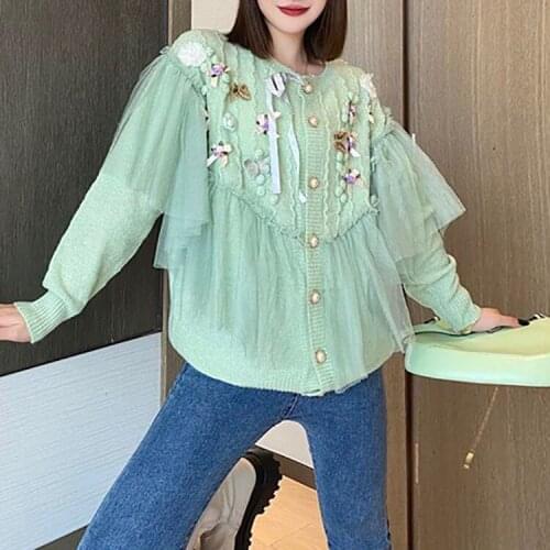 Green Pink Cute Cardigan Women 3D Floral Appliques Ruffles Mesh Patchwork Knit Ccardigan 2021 Oversized Cardigans Flower Sweater