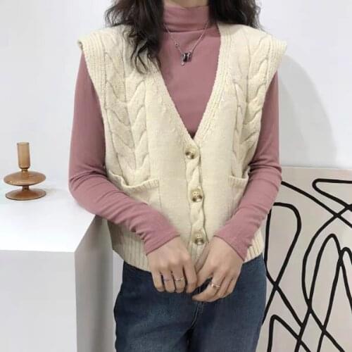 Harteen Knitted Vest Spring Autumn Korean Fashion Casual Loose Sweater v-Neck Button Sleeveless All Match Women Clothing