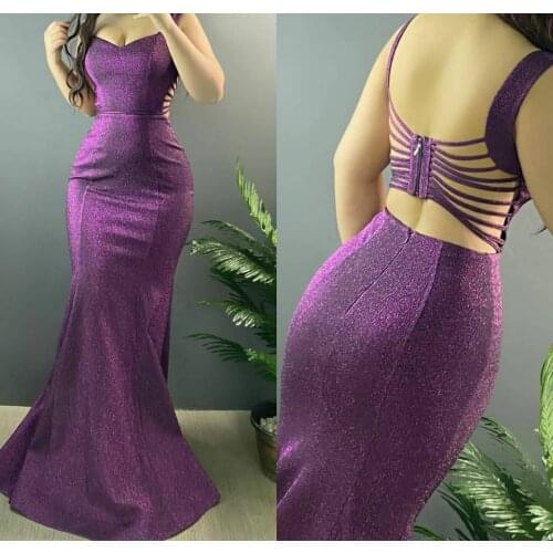 Long Mermaid Glitter Spaghetti Straps Prom Dresses Sexy Zipper Back Robe De Soiree Purple Formal V-Neck Party Dresses for Women