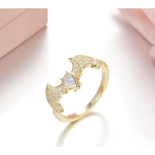 SLJELY 100% 925 Sterling Silver Gold Color Cubic Zirconia Vampire Bat Finger Rings Fashion Punk Women Party Brand Design Jewelry