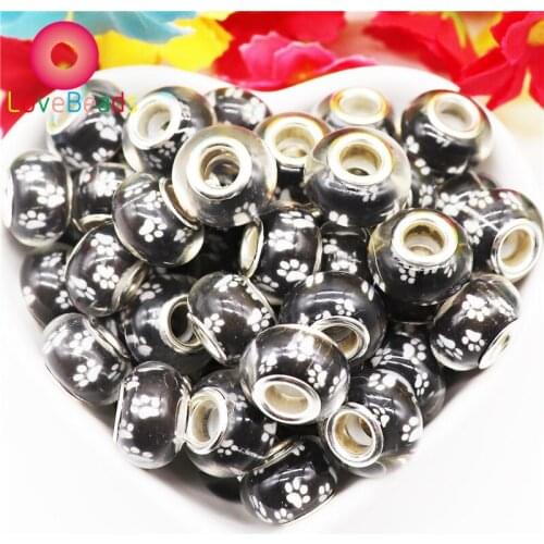 10Pcs Black Color Dog Paw Acrylic Murano Big Hole Jewelry Beads Fit Women Pandora Bracelet Snake Chain Spacer Bead Necklace DIY