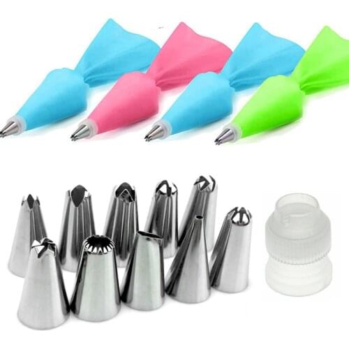 12PC/Set DIY Silicone Icing Piping Cream Pastry Bag Stainless Steel Nozzle Converter Tips Kitchen Baking Cake Decorating Tools