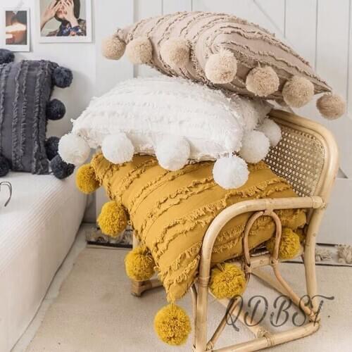 White Floral Tassels Pillow Cover Jacquard With Pompom Yellow Grey Decorative Cushion Cover Home Decor Throw Pillow Case 45x45cm