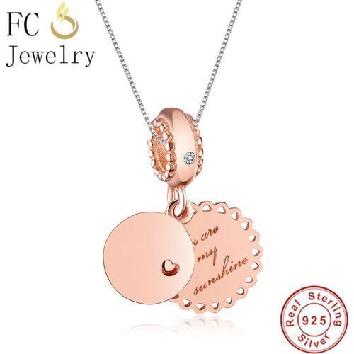 FC Jewelry 925 Sterling Silver Rose Gold Letter You are My Sunshine Heart Pendant Necklaces For Women Chain Choker Trinket Gifts